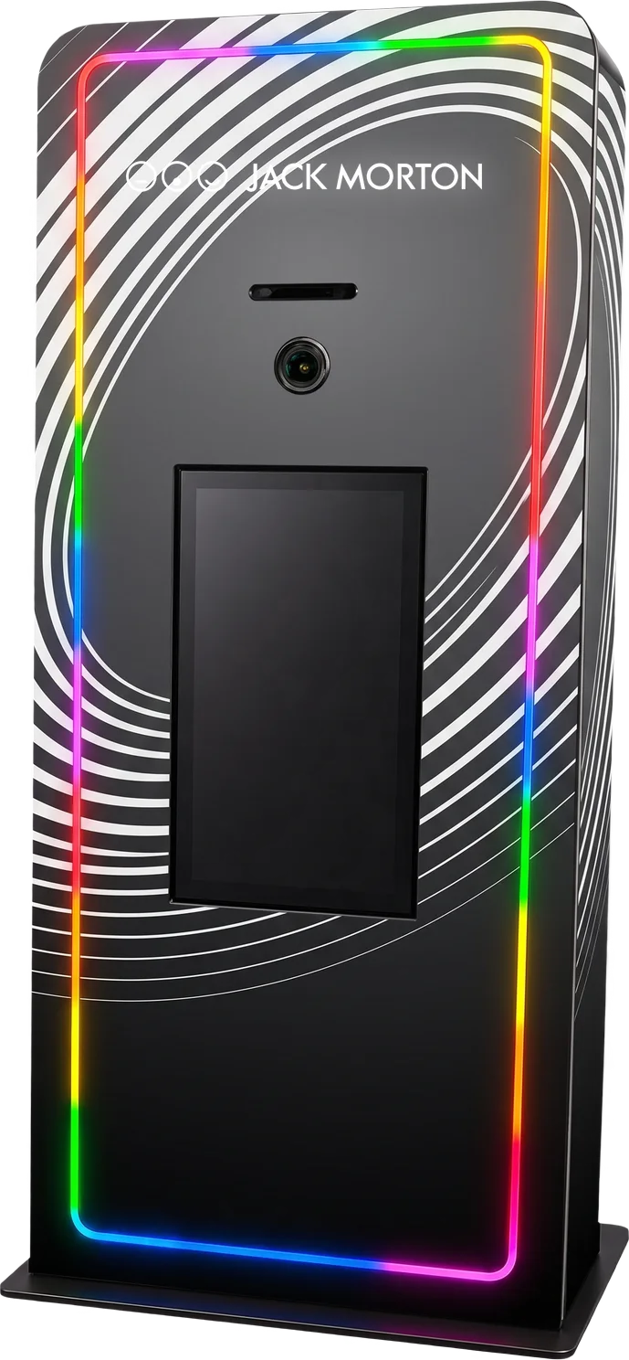 Elevated Kiosk with LED edge lighting, large touch screen, and integrated printer, shown in a Jack Morton-2 custom wrap