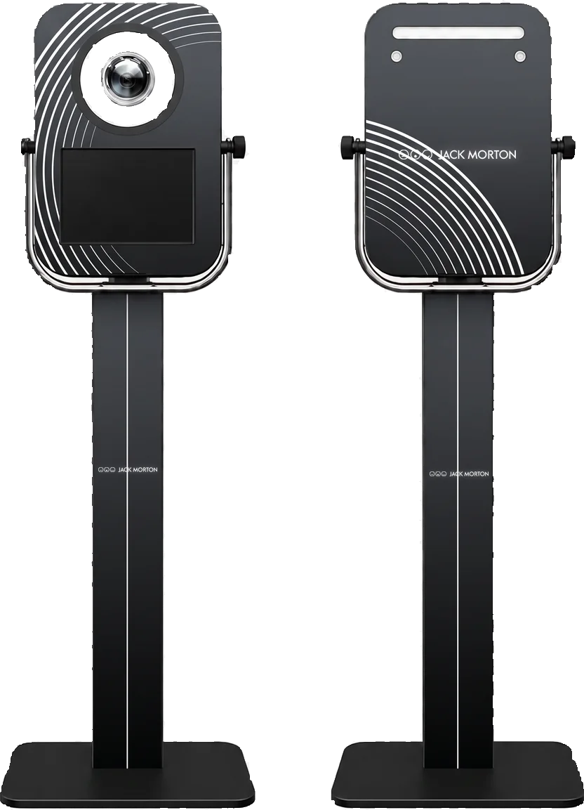 PRO booth, front and back, with adjustable tilting head unit, shown in a Jack Morton-2 custom wrap