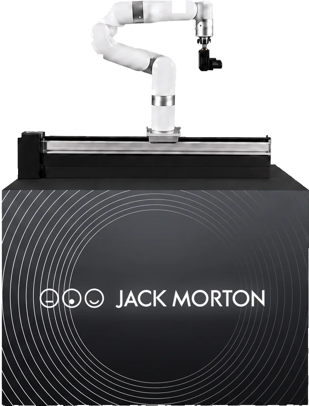 Robotic camera arm mounted on a rail atop a branded base cabinet, shown in a Jack Morton-2 custom wrap